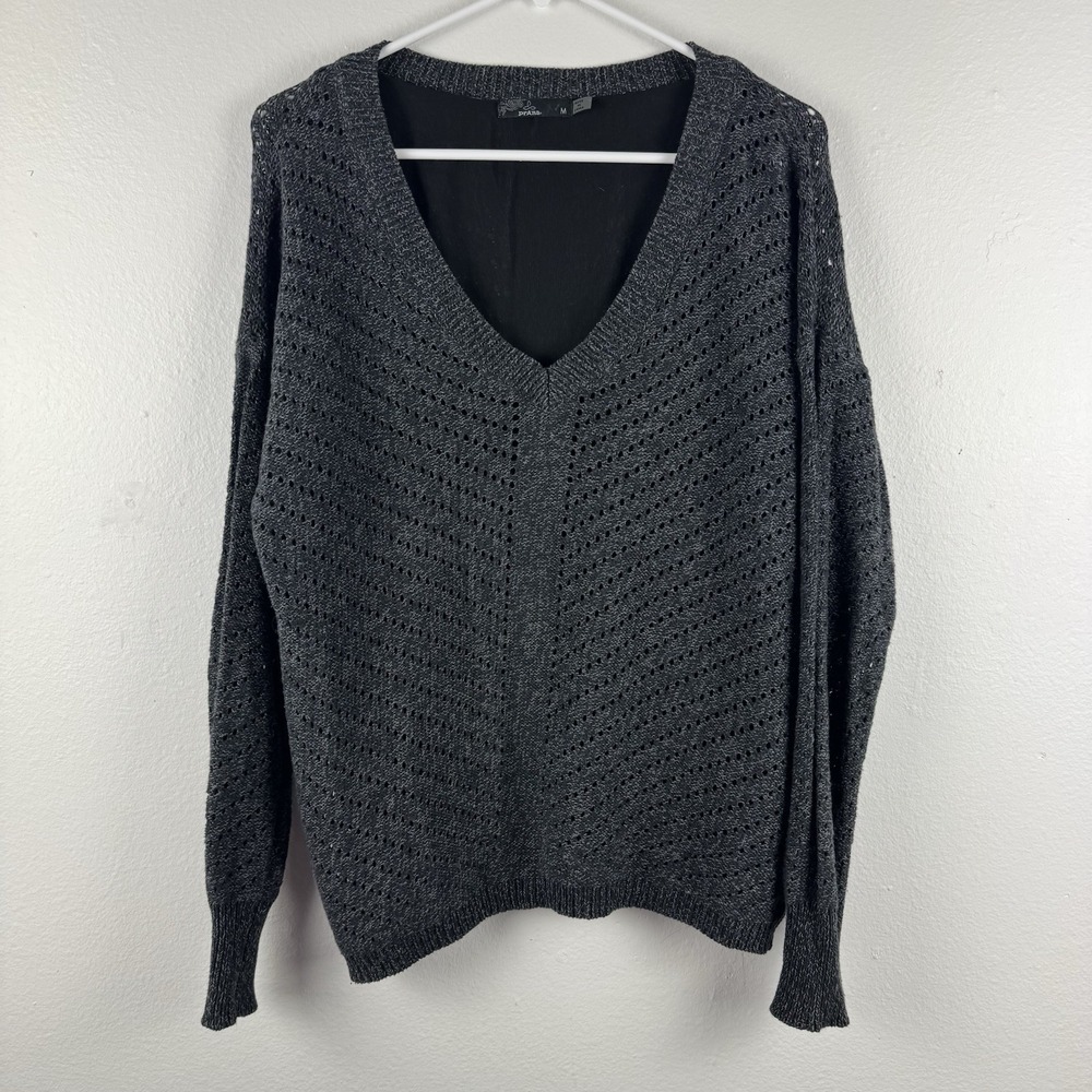 PRANA Ellery Womens Pullover V-neck open knit lined sweater - M *READ